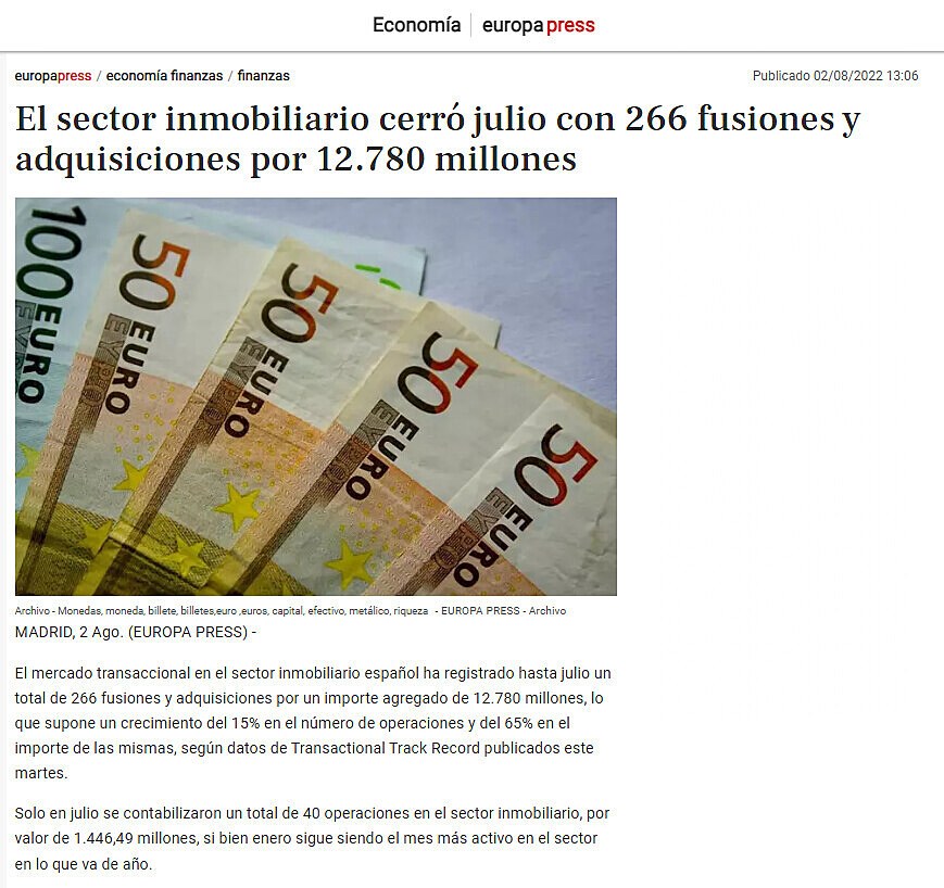 El sector inmobiliario cerr julio con 266 fusiones y adquisiciones por 12.780 millones